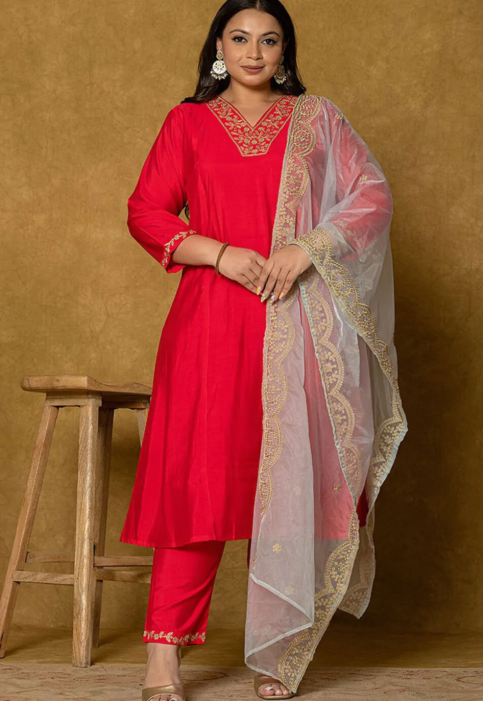 Embroidered Art Silk Aline Suit in Fuchsia
