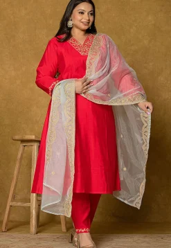 Embroidered Art Silk Aline Suit in Fuchsia