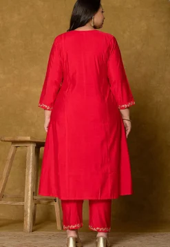 Embroidered Art Silk Aline Suit in Fuchsia