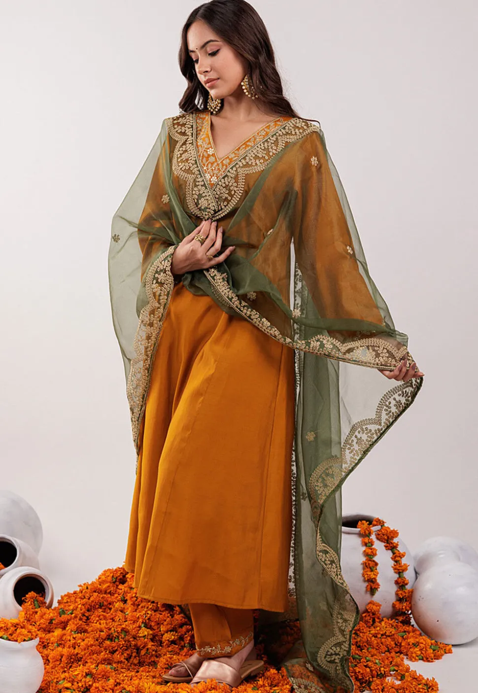 Embroidered Art Silk Aline Suit in Mustard