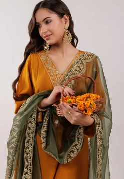 Embroidered Art Silk Aline Suit in Mustard
