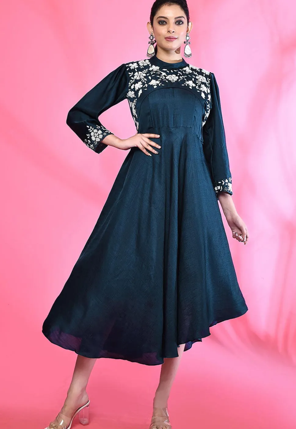 Embroidered Art Silk Aline Dress in Navy Blue