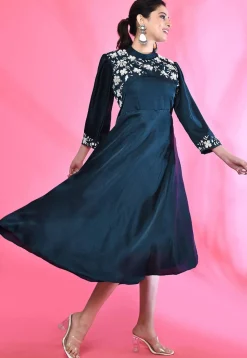 Embroidered Art Silk Aline Dress in Navy Blue