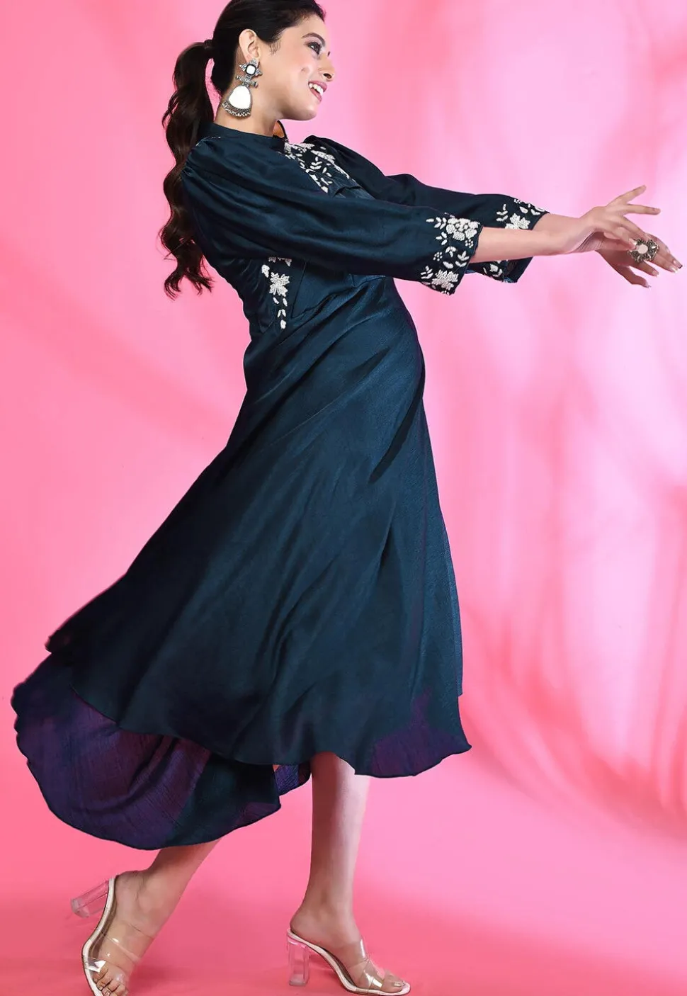 Embroidered Art Silk Aline Dress in Navy Blue