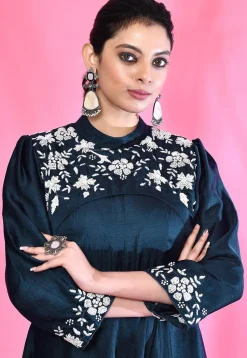 Embroidered Art Silk Aline Dress in Navy Blue