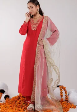 Embroidered Art Silk Aline Suit in Red