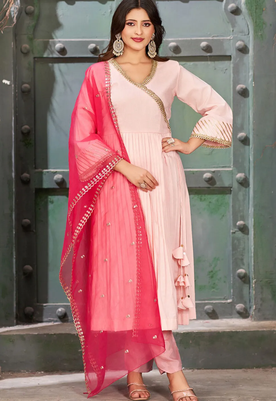 Embroidered Art Silk Aline Suit in Baby Pink
