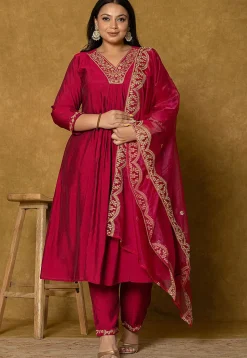 Embroidered Art Silk Aline Suit in Fuchsia