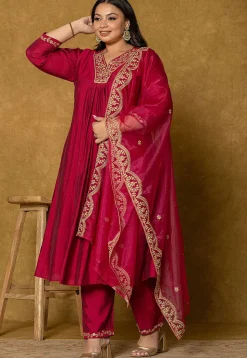 Embroidered Art Silk Aline Suit in Fuchsia