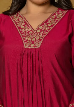 Embroidered Art Silk Aline Suit in Fuchsia