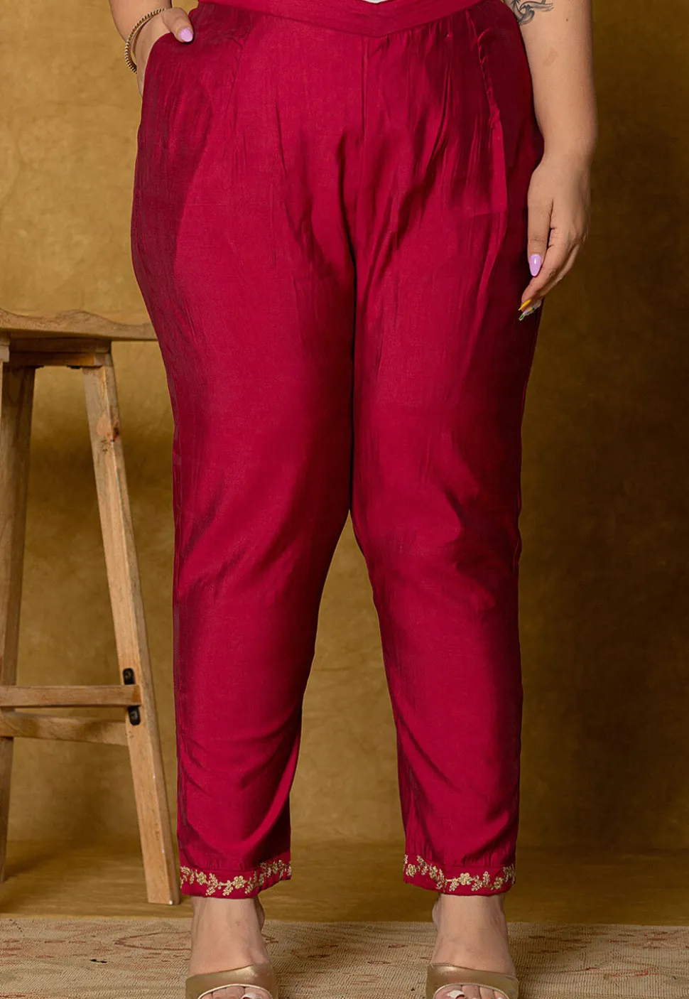 Embroidered Art Silk Aline Suit in Fuchsia