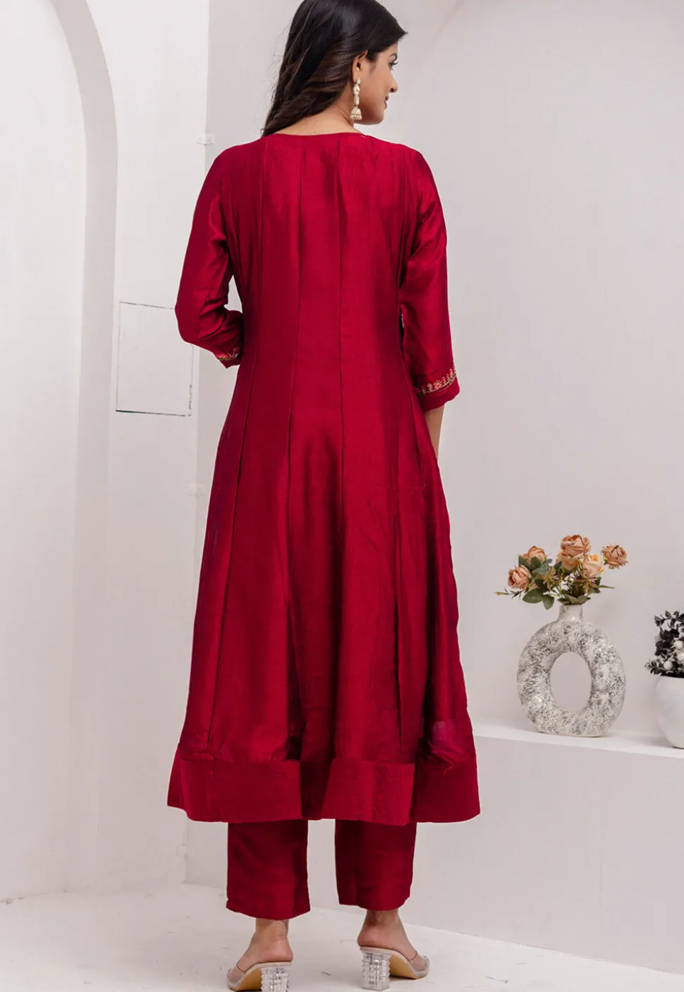 Embroidered Art Silk Anarkali Suit in Red