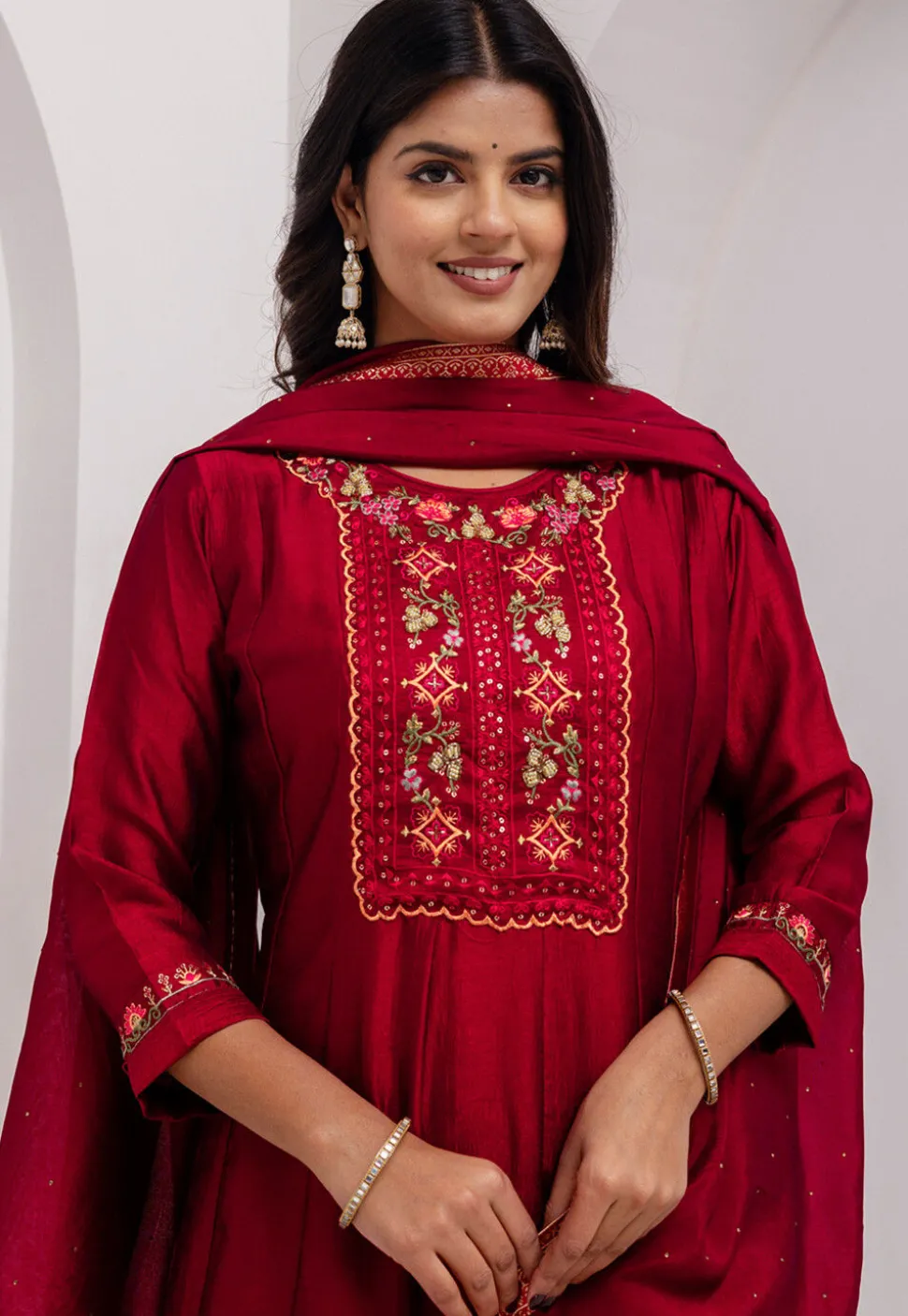 Embroidered Art Silk Anarkali Suit in Red
