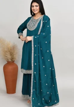 Embroidered Art Silk Anarkali Suit in Teal Blue