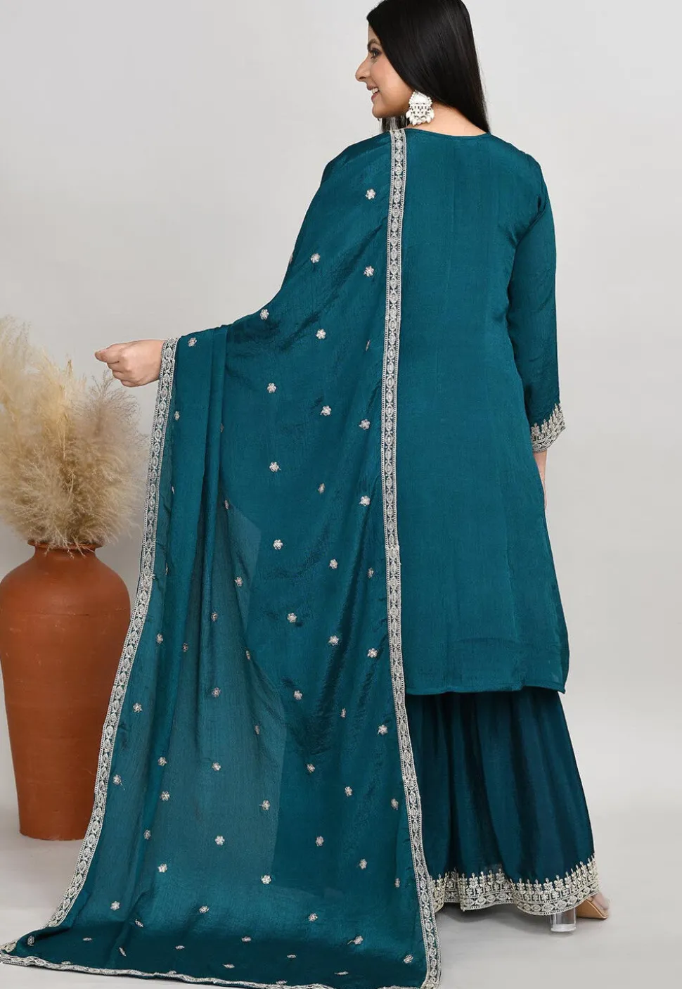 Embroidered Art Silk Anarkali Suit in Teal Blue