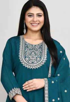 Embroidered Art Silk Anarkali Suit in Teal Blue
