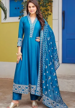 Embroidered Art Silk Anarkali Suit in Blue
