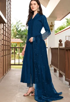Embroidered Art Silk Anarkali Suit in Blue
