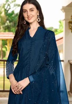 Embroidered Art Silk Anarkali Suit in Blue