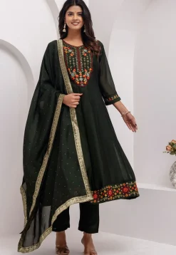 Embroidered Art Silk Anarkali Suit in Dark Olive Green