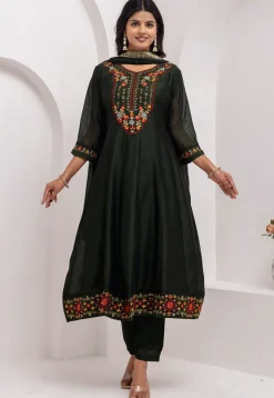 Embroidered Art Silk Anarkali Suit in Dark Olive Green