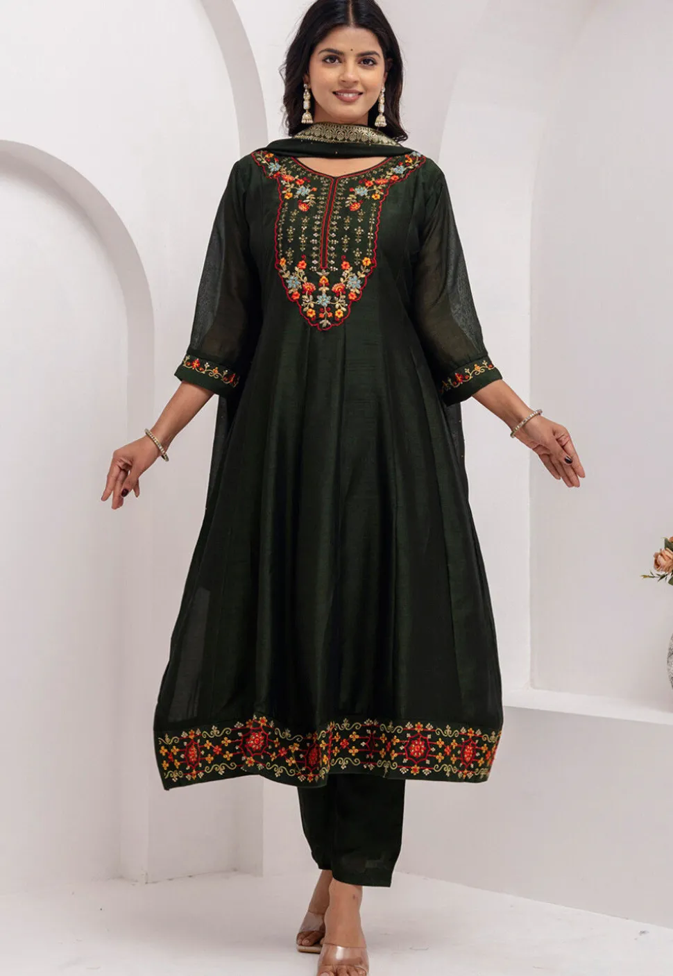 Embroidered Art Silk Anarkali Suit in Dark Olive Green