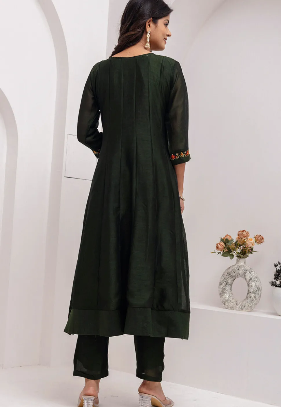 Embroidered Art Silk Anarkali Suit in Dark Olive Green