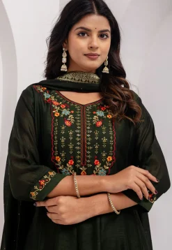 Embroidered Art Silk Anarkali Suit in Dark Olive Green