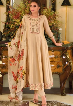 Embroidered Art Silk Anarkali Suit in Beige