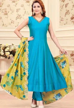 Embroidered Art Silk Anarkali Suit in Blue