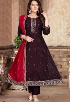 Embroidered Art Silk Anarkali Suit in Wine