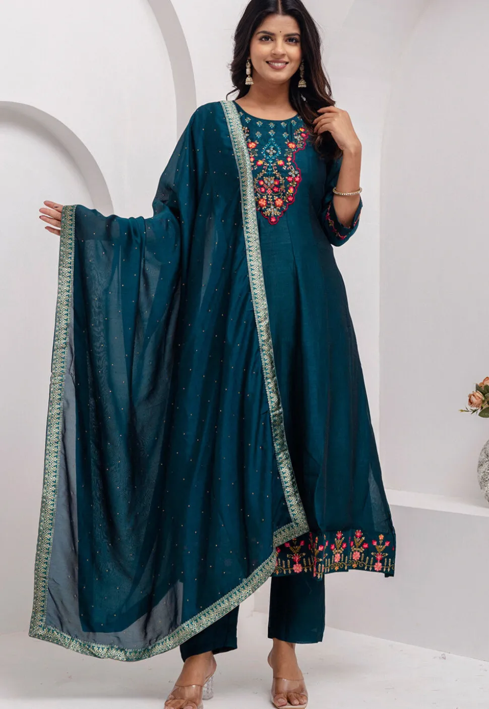 Embroidered Art Silk Anarkali Suit in Teal Blue