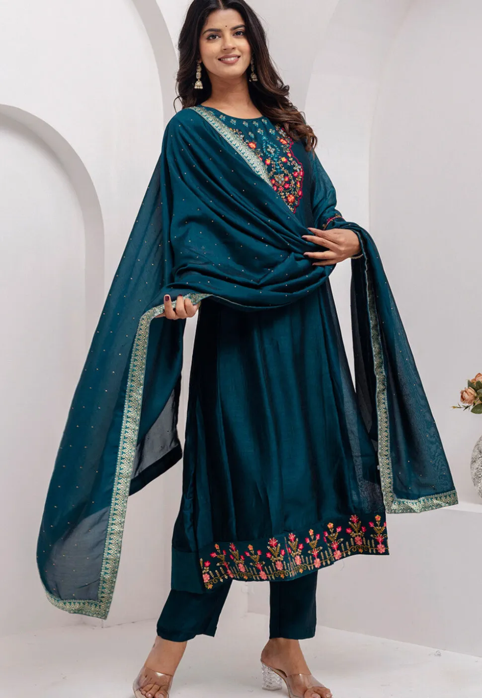 Embroidered Art Silk Anarkali Suit in Teal Blue