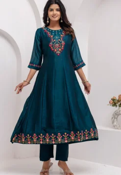 Embroidered Art Silk Anarkali Suit in Teal Blue
