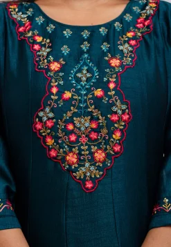 Embroidered Art Silk Anarkali Suit in Teal Blue