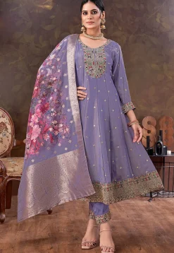 Embroidered Art Silk Anarkali Suit in Purple