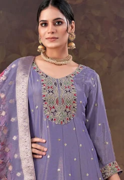 Embroidered Art Silk Anarkali Suit in Purple