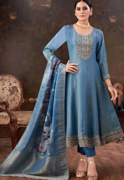 Embroidered Art Silk Anarkali Suit in Blue
