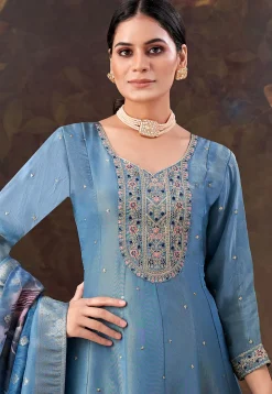 Embroidered Art Silk Anarkali Suit in Blue