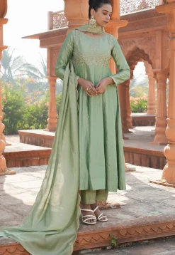 Embroidered Art Silk Anarkali Suit in Light Green