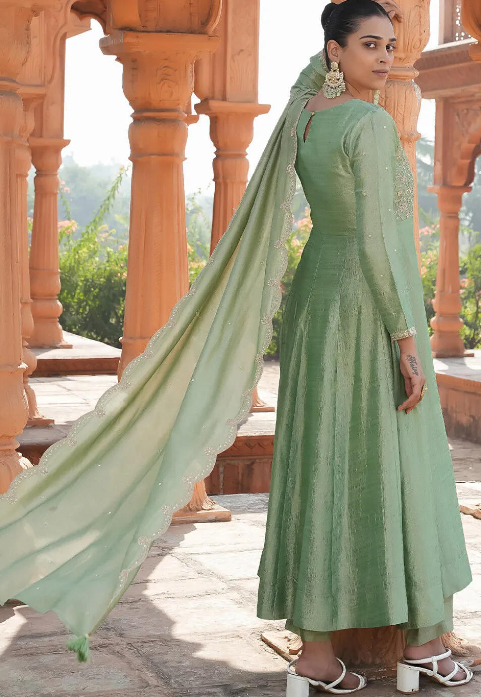 Embroidered Art Silk Anarkali Suit in Light Green