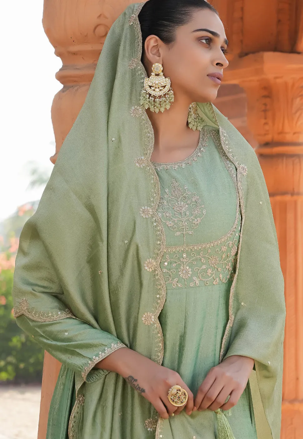 Embroidered Art Silk Anarkali Suit in Light Green