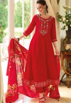 Embroidered Art Silk Anarkali Suit in Red