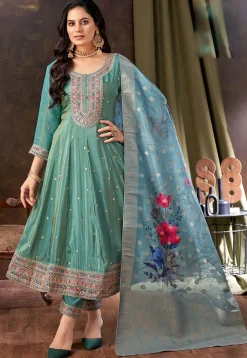 Embroidered Art Silk Anarkali Suit in Teal Green