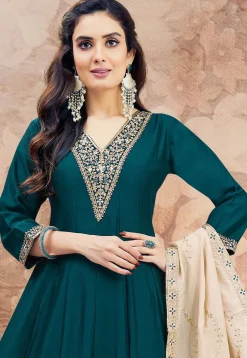 Embroidered Art Silk Anarkali Suit in Teal Green