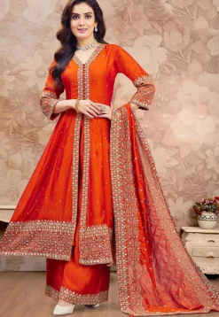 Embroidered Art Silk Anarkali Suit in Orange
