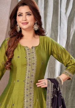 Embroidered Art Silk Anarkali Suit in Green