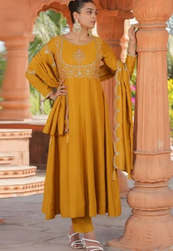 Embroidered Art Silk Anarkali Suit in Mustard