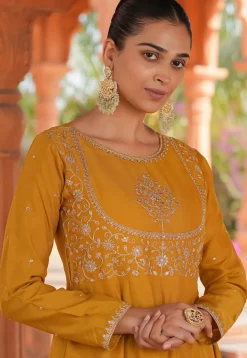 Embroidered Art Silk Anarkali Suit in Mustard