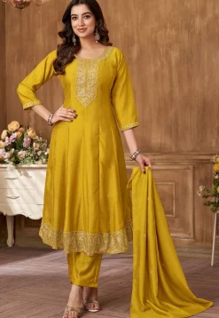 Embroidered Art Silk Anarkali Suit in Mustard